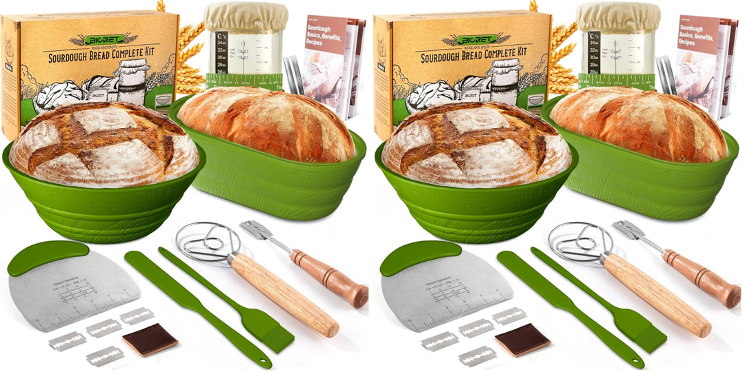 Sauerteig Starterset aus 2x Gärkörbchen Silikon 1000ml Gärglas mit Spatel,Brot Backen Zubehör Teigsc