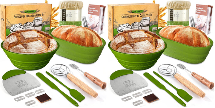 Sauerteig Starterset aus 2x Gärkörbchen Silikon 1000ml Gärglas mit Spatel,Brot Backen Zubehör Teigsc