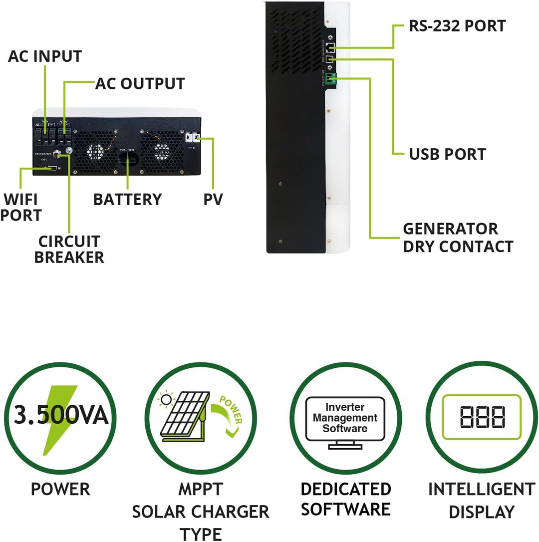Tecnoware 3500 VA ATA Hybrid-Solarstrom-Wechselrichter - 24V-Batterie – 120V-450V-Solar-Regler MPPT