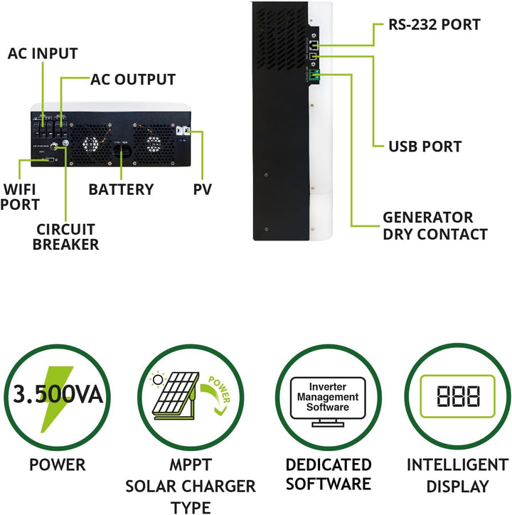 Tecnoware 3500 VA ATA Hybrid-Solarstrom-Wechselrichter - 24V-Batterie – 120V-450V-Solar-Regler MPPT