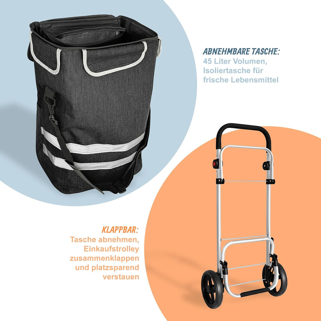 Relaxdays Einkaufstrolley, 2 grosse Räder, Kühlfach, abnehmbare Tasche, 45 l, bis 35 kg, Einkaufswag