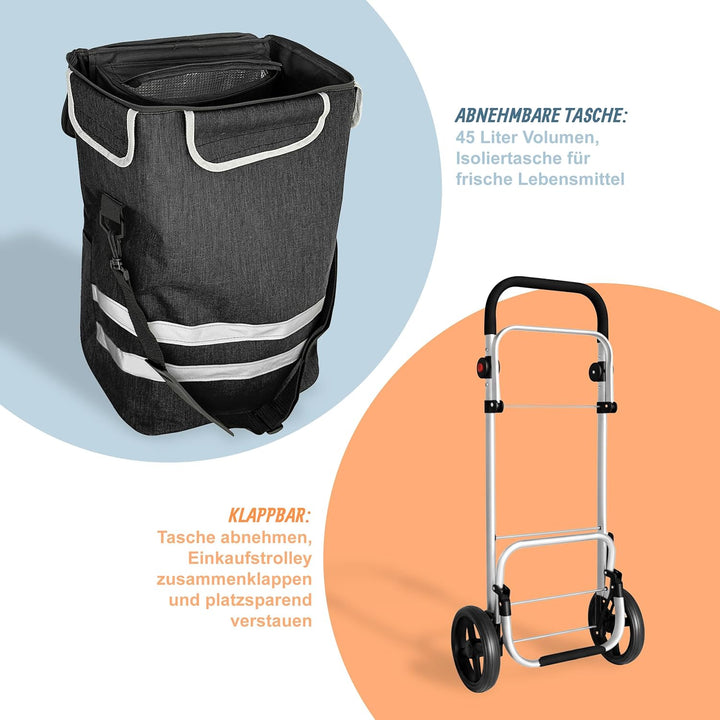 Relaxdays Einkaufstrolley, 2 grosse Räder, Kühlfach, abnehmbare Tasche, 45 l, bis 35 kg, Einkaufswag