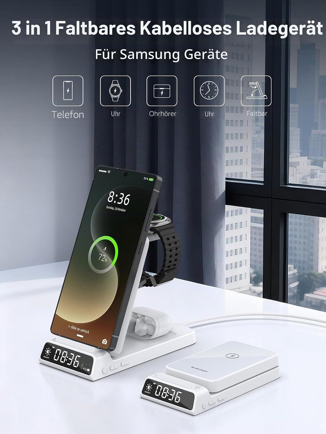 Drahtloses Ladegerät für Samsung Ladestation mit Uhr für Samsung Galaxy S25 Ultra/S24/Z Fold 6/Flip