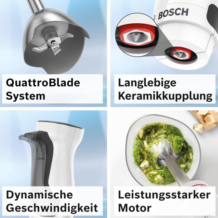 Bosch Stabmixer ErgoMaster Serie 4, einhändig bedienbar, 4 Edelstahl-Klingen, verschleissfreie Keram