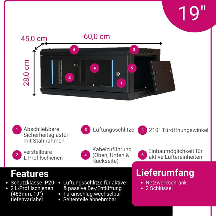 Koscom Connect Netzwerkschrank 4 HE I Serverschrank 19 Zoll I Wandmontage I 450 mm Tiefe I 600 x 450