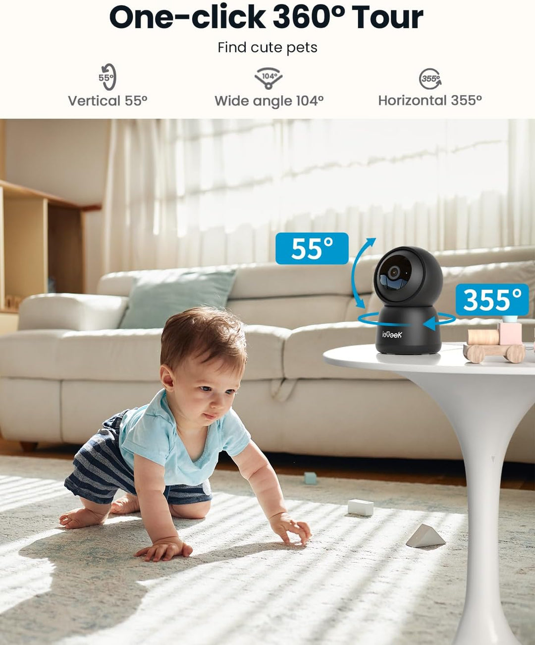 ieGeek Überwachungskamera Innen, 2K Kamera Überwachung Innen, 360° WLAN Kamera Indoor, Zwei-Wege-Aud