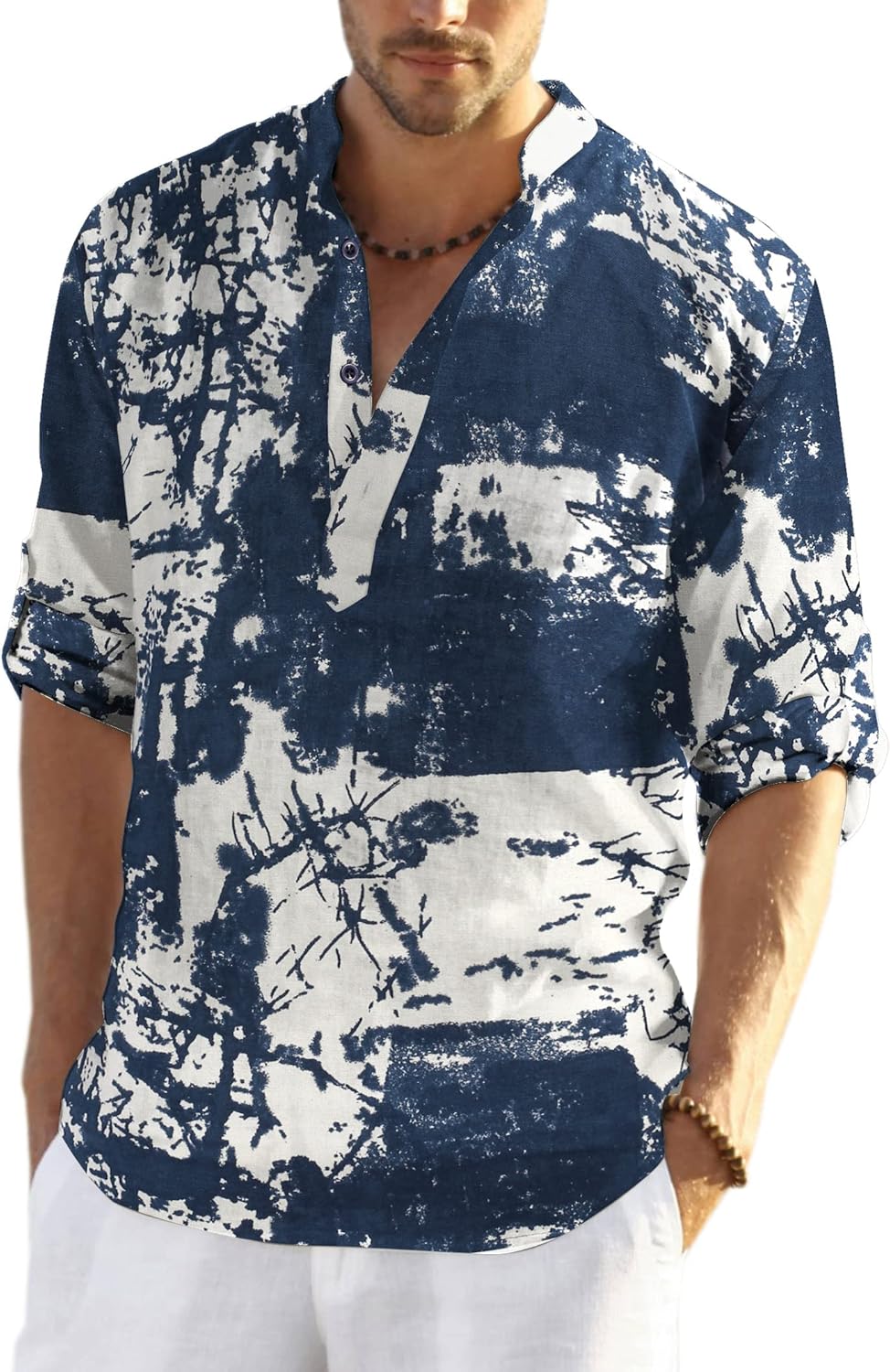 COOFANDY Hemd Herren Langarm Leinenhemd Baumwolle Henley Shirt Casual Regular Fit Sommerhemd S Navy