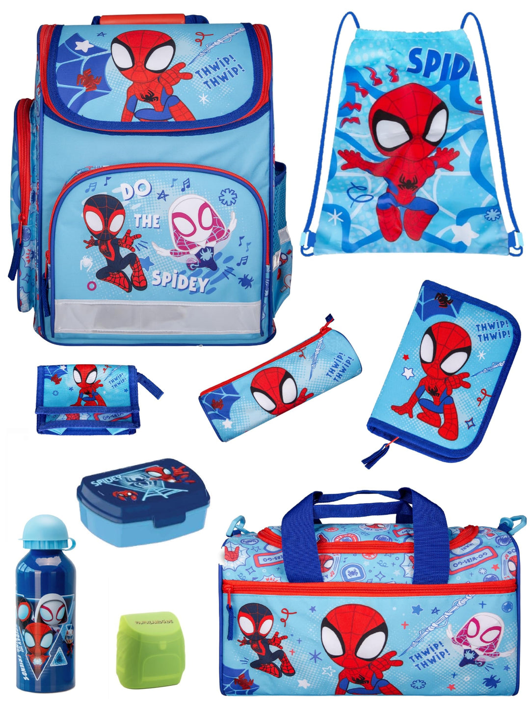 Familando - Schulranzen-Set für Spiderman Fans - Spidey & Friends - 9-teilig mit Lunch-Set - Ergonom
