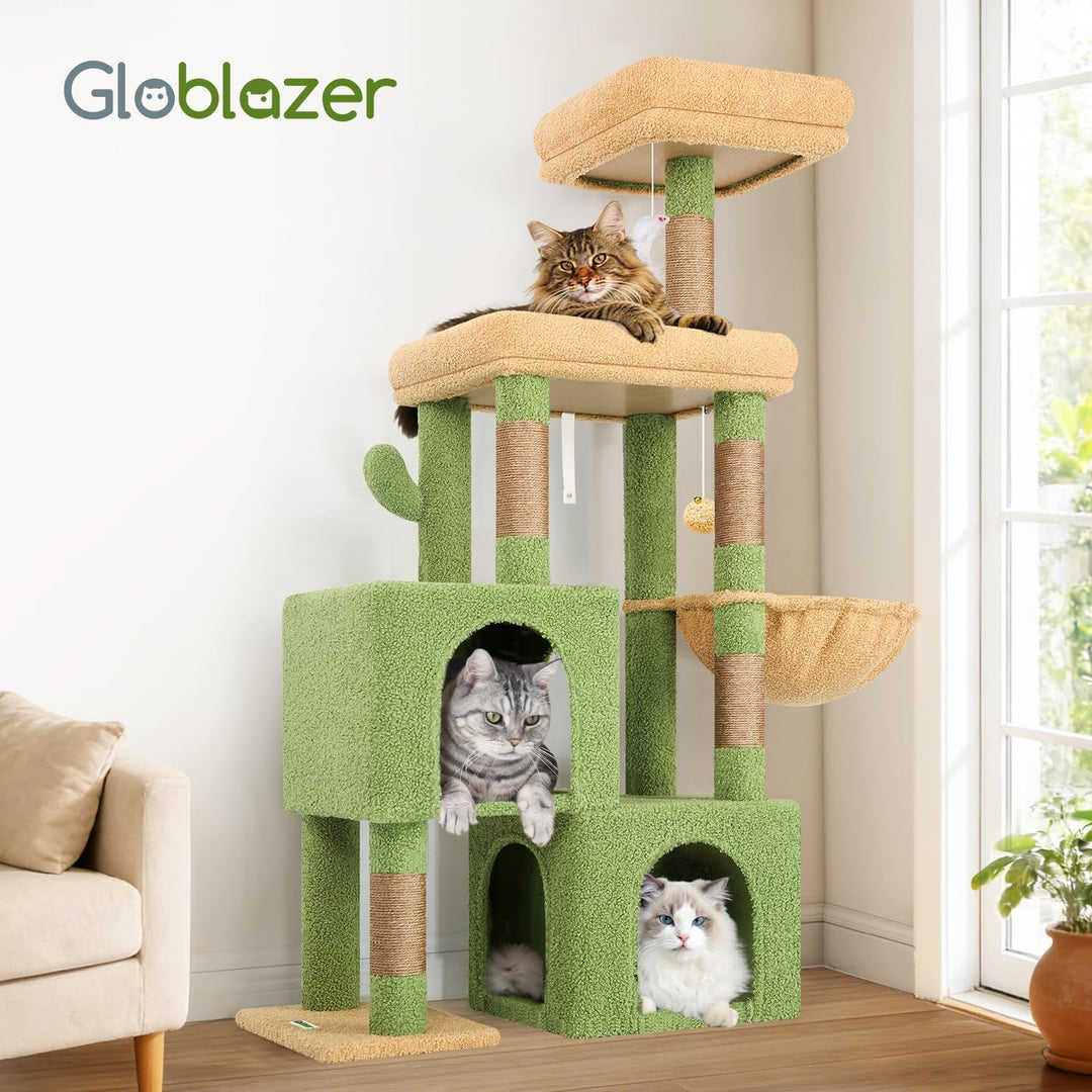 Globlazer Kratzbaum Kaktus Grün mit 2 Katzenhaus, Grosse Gepolsterte Plattform, Sitzstangen, Katzenk
