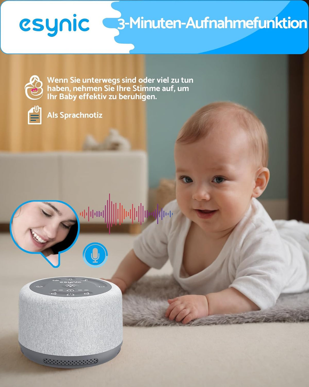 eSynic White Noise Machine Baby Weisses Rauschen Einschlafhilfe LED Stilllicht mit 30 Klänge & 7 Far