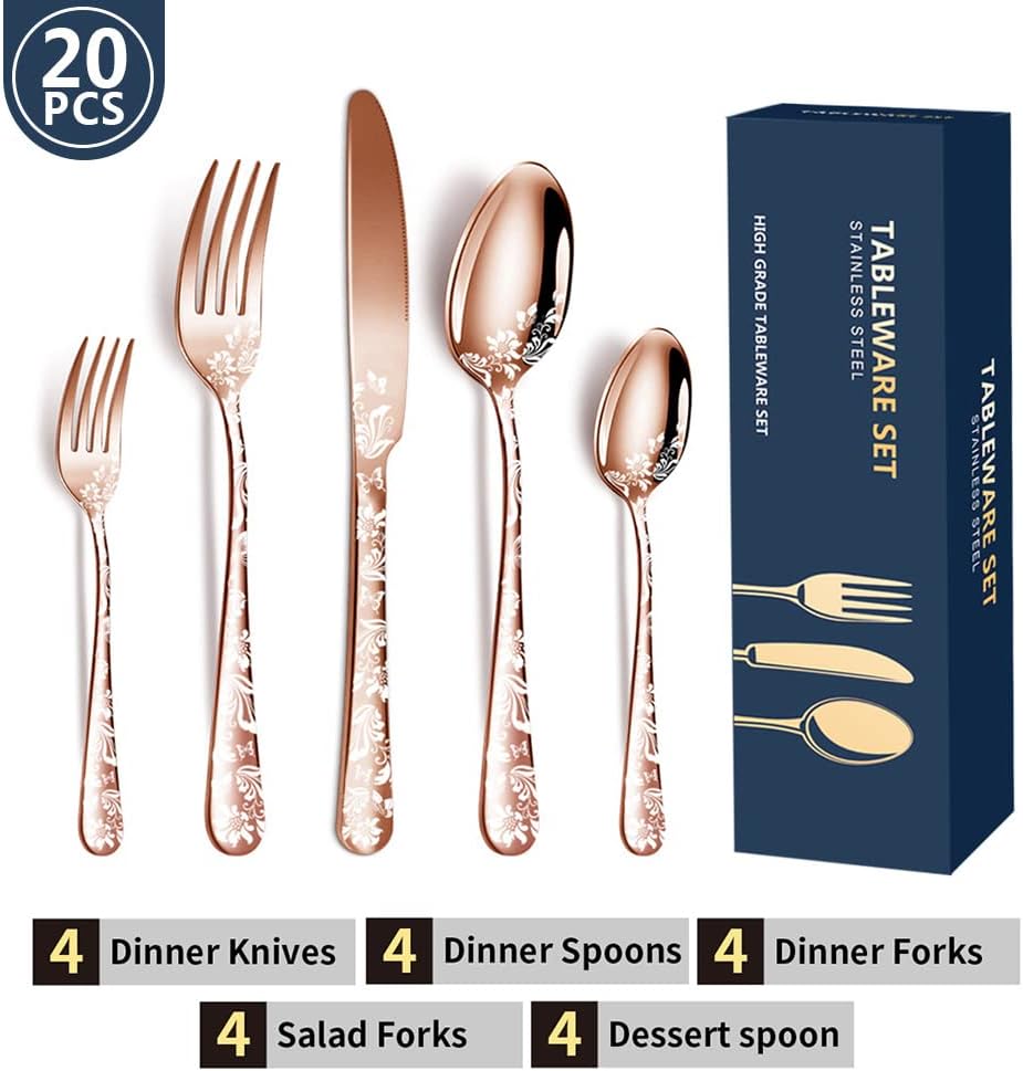 Aoresac Besteck-Set für 4 Personen, 20 Stück, aus Edelstahl, poliertes Muster, mit Blumenspiegel, in