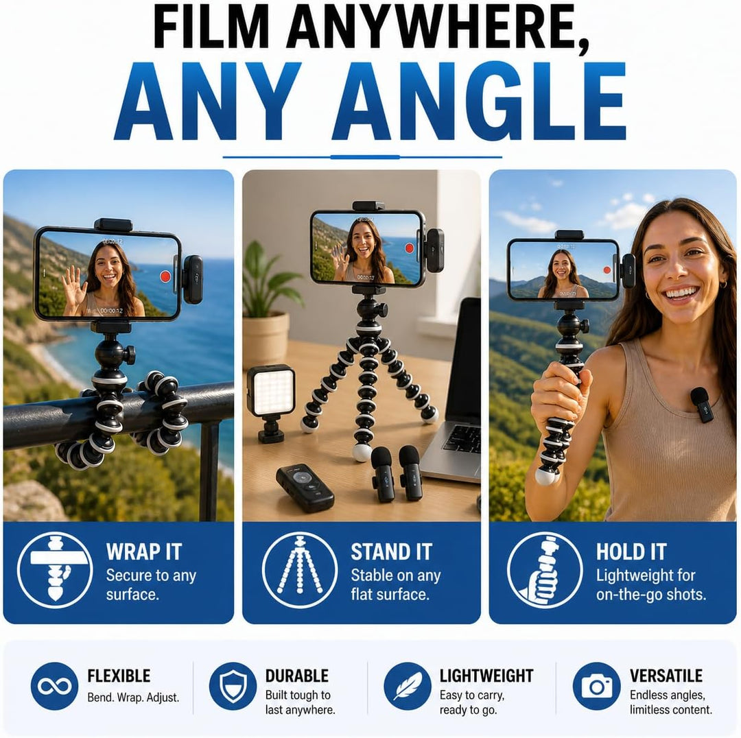 Acuvar Flexibles Stativ-Vlogging-Kit für iPhone, Android und GoPro mit LED-Licht, Handyhalterung, Mi