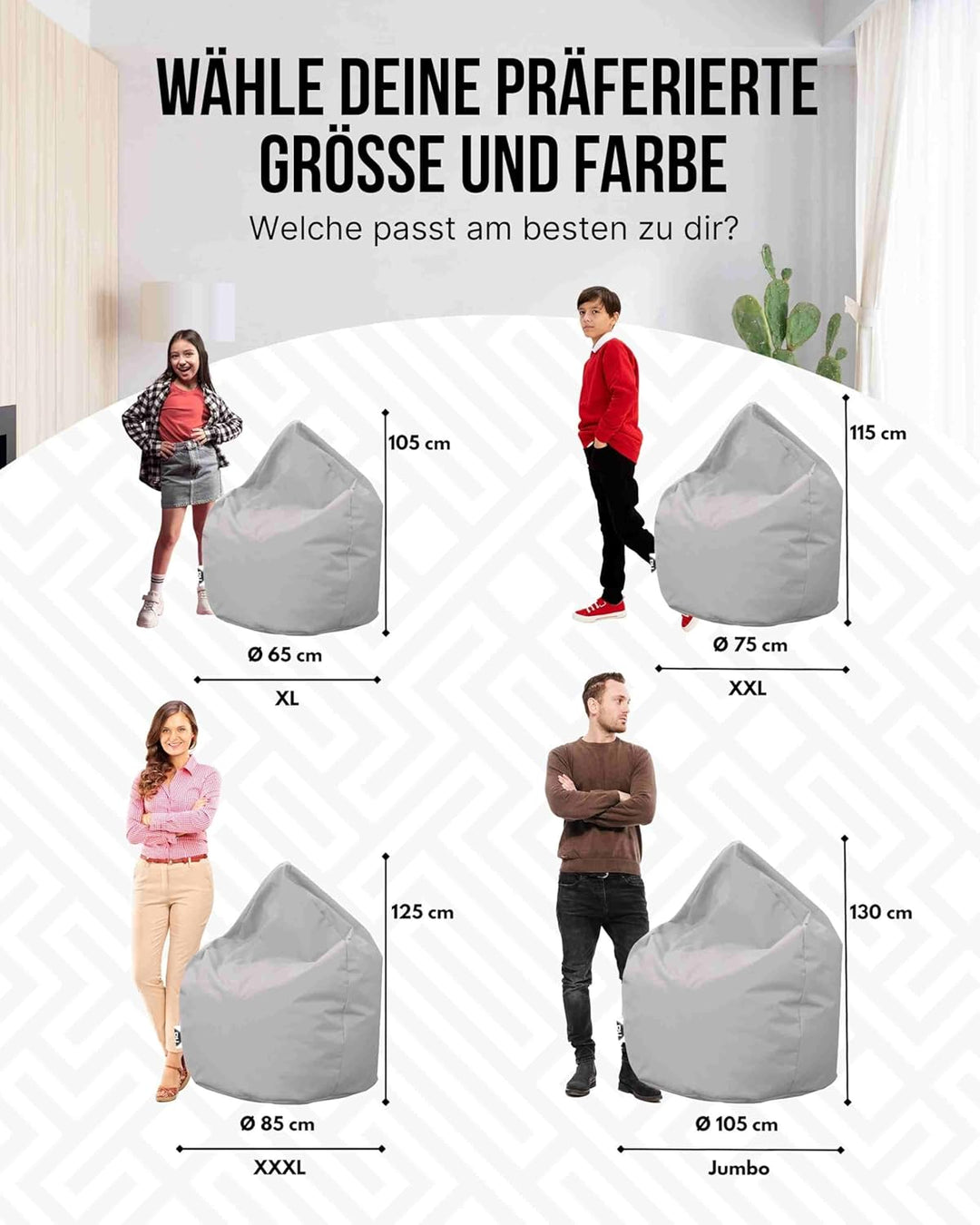 PATCH HOME Sitzsack Tropfenform - 3 Grössen - 25 Farben XXXL - 125cm, Durchmesser 105cm Grau, XXXL -