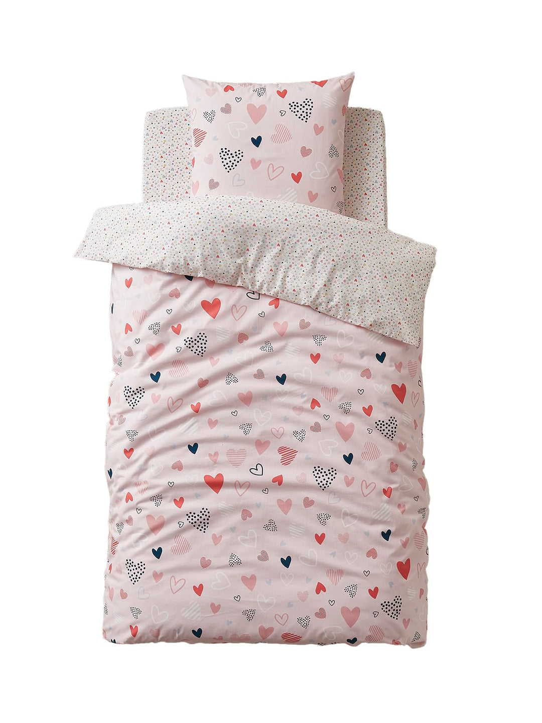 Vertbaudet Kinder Bettwäsche-Set „Fröhliche Herzen“ rosa/Mehrfarbig Bedruckt 140X200 - Kissen 63X63