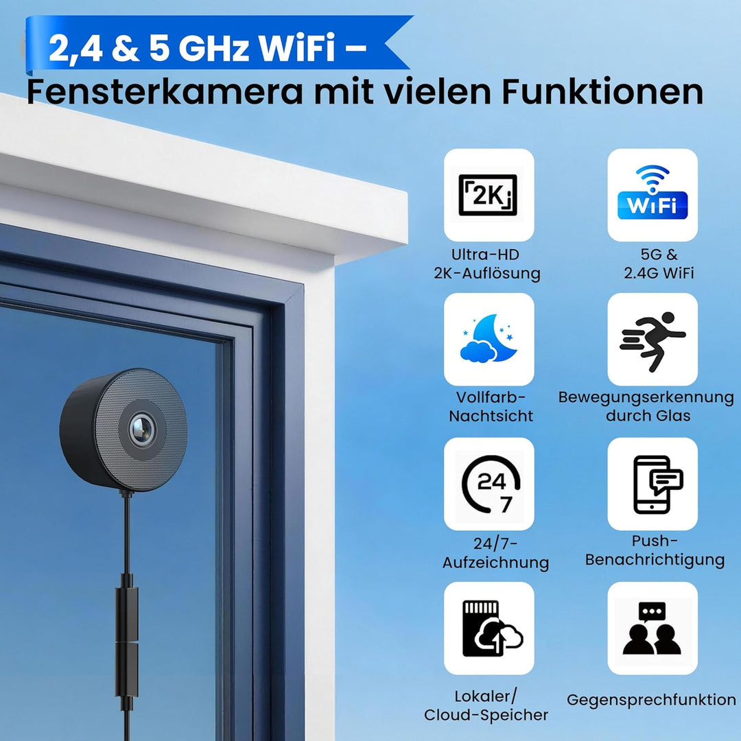 Fensterkamera, 5G/2.4GHz WiFi Überwachungskamera Innen/Aussen mit 2K Farb-Nachtsicht,Bewegungserkenn