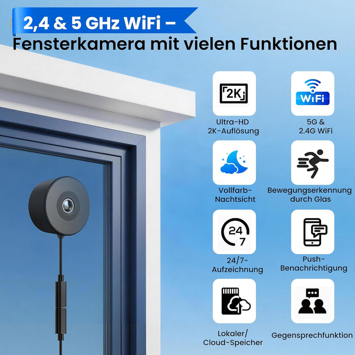 Fensterkamera, 5G/2.4GHz WiFi Überwachungskamera Innen/Aussen mit 2K Farb-Nachtsicht,Bewegungserkenn