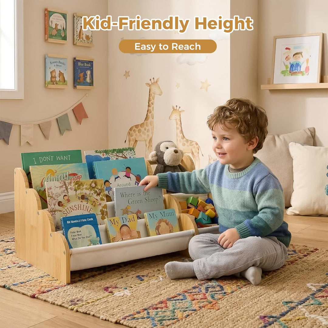 Puricon 4-stufiges Kinderbücherregal mit Spielzeugablage, Montessori-Inspired Frontal-Sling-Buchrega