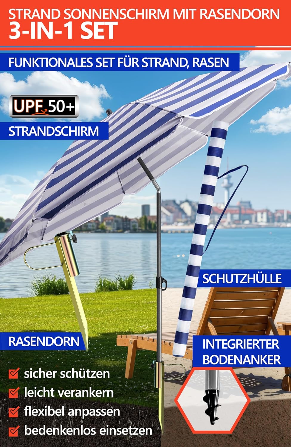 4smile Sonnenschirm Strand SunnyJoy Ø 160 cm, Blau-Weiss – 3er Set inkl. Strandschirm windfest stabi