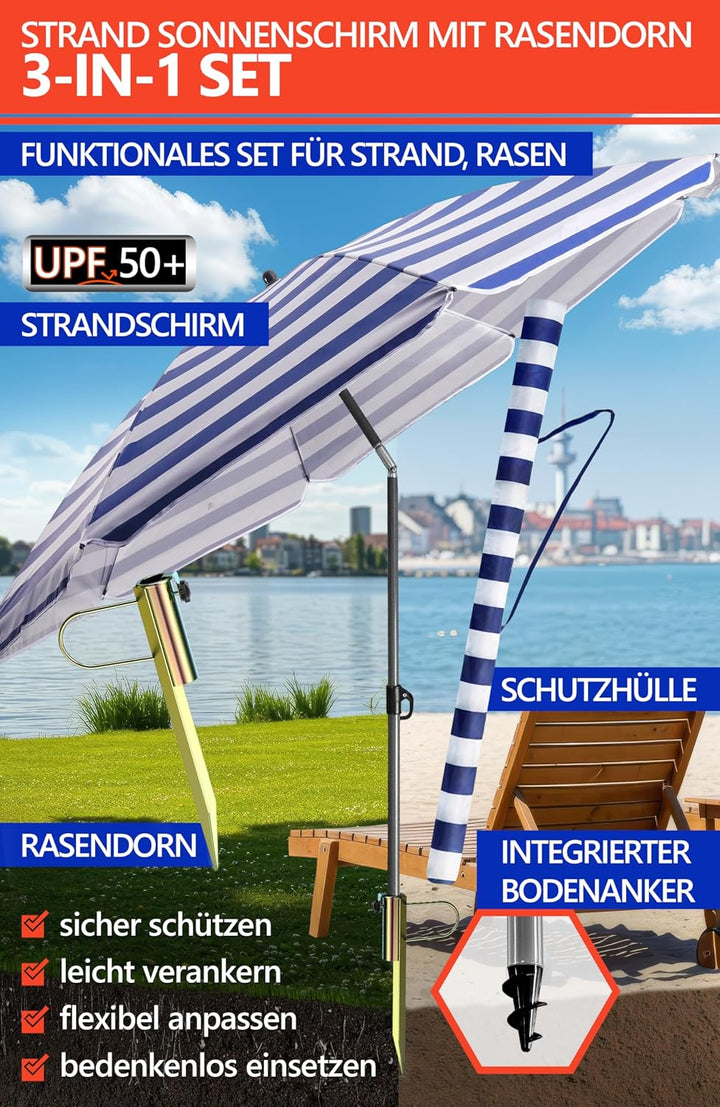 4smile Sonnenschirm Strand SunnyJoy Ø 160 cm, Blau-Weiss – 3er Set inkl. Strandschirm windfest stabi
