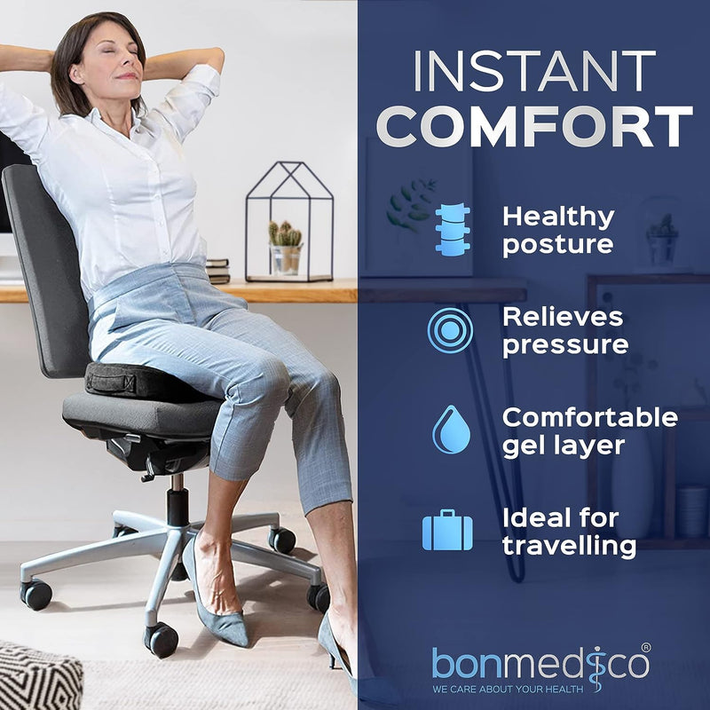 bonmedico Sitzkissen orthopädisch - Memory Foam mit Gel - Ergonomisches Sitzkissen, Bürostuhl Sitzki