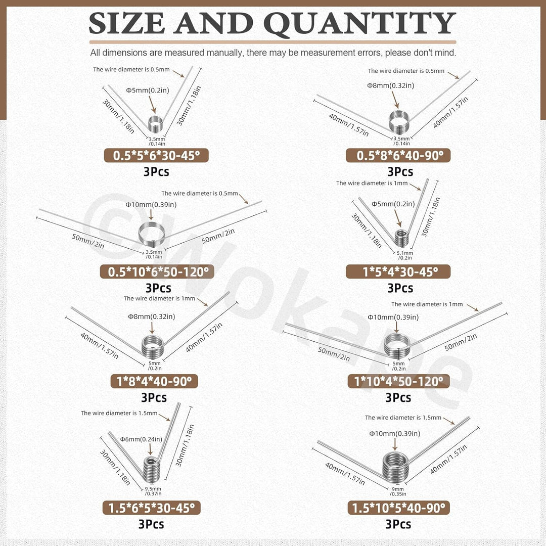 45pcs 15 Grössen Edelstahl Torsionsfeder Set, 0.5/1 /1.5/2 /2.5mm Drahtdurchmesser 45°& 90°& 120°Tor