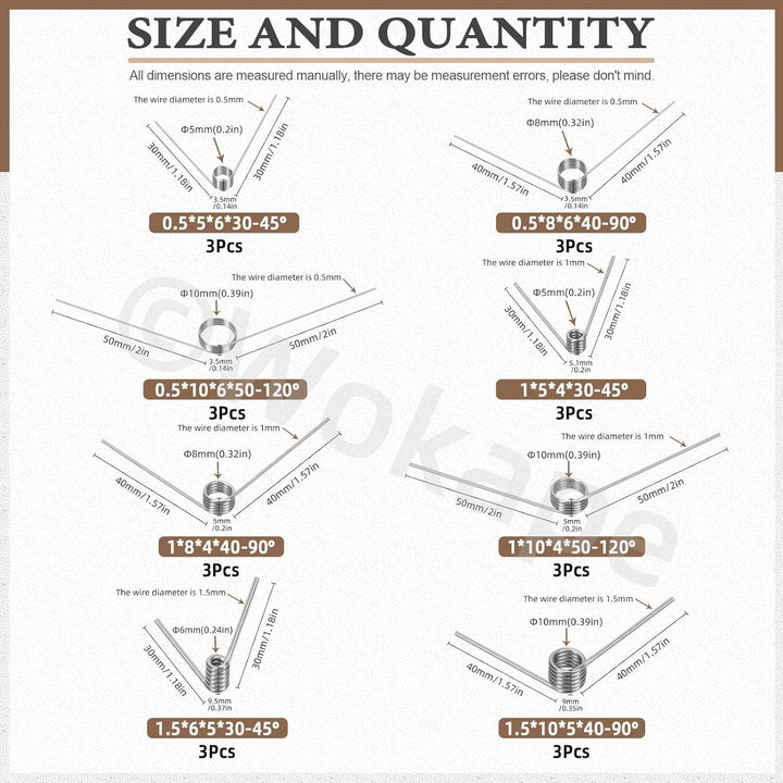45pcs 15 Grössen Edelstahl Torsionsfeder Set, 0.5/1 /1.5/2 /2.5mm Drahtdurchmesser 45°& 90°& 120°Tor