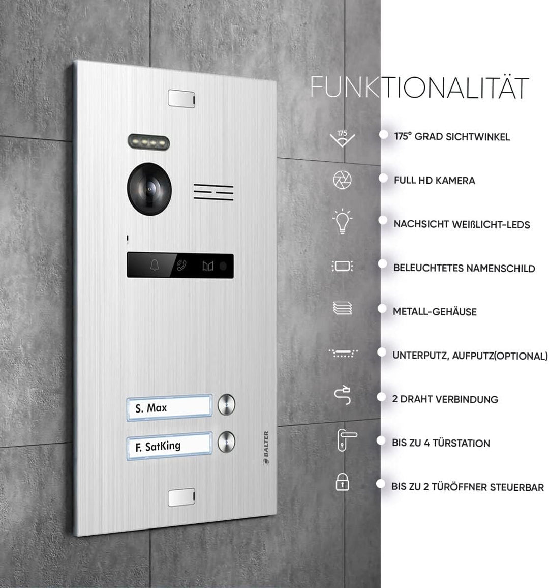 Balter EVO HD Silber/Weiss WiFi Video Türsprechanlage Set für 2 Familienhaus (1x Türstation mit Full