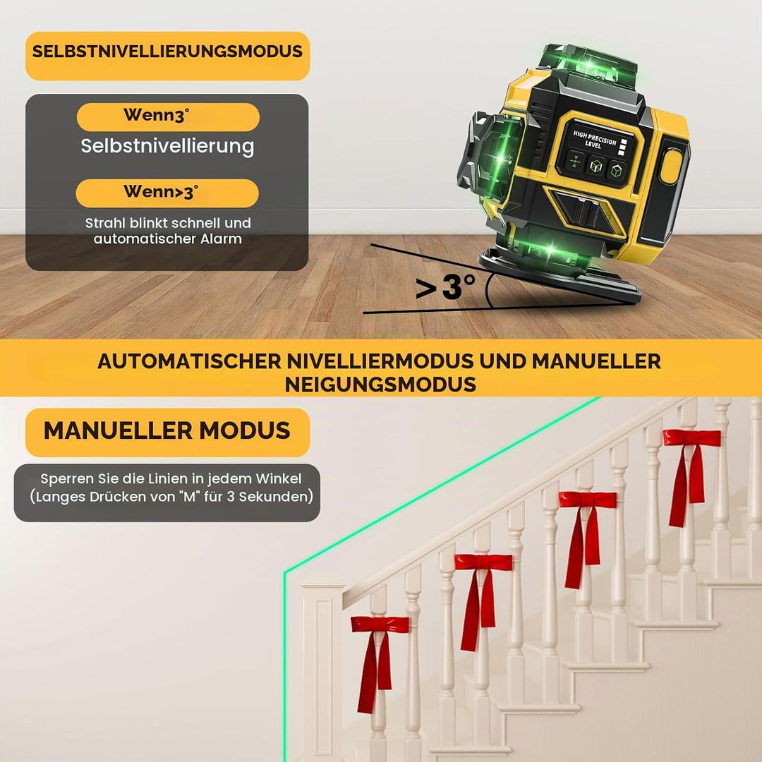 Kreuzlinienlaser mit Stativ 1M, Linienlaser 16 Linien 4D, 4x360 Grad Grün Selbstnivellierend Laser W
