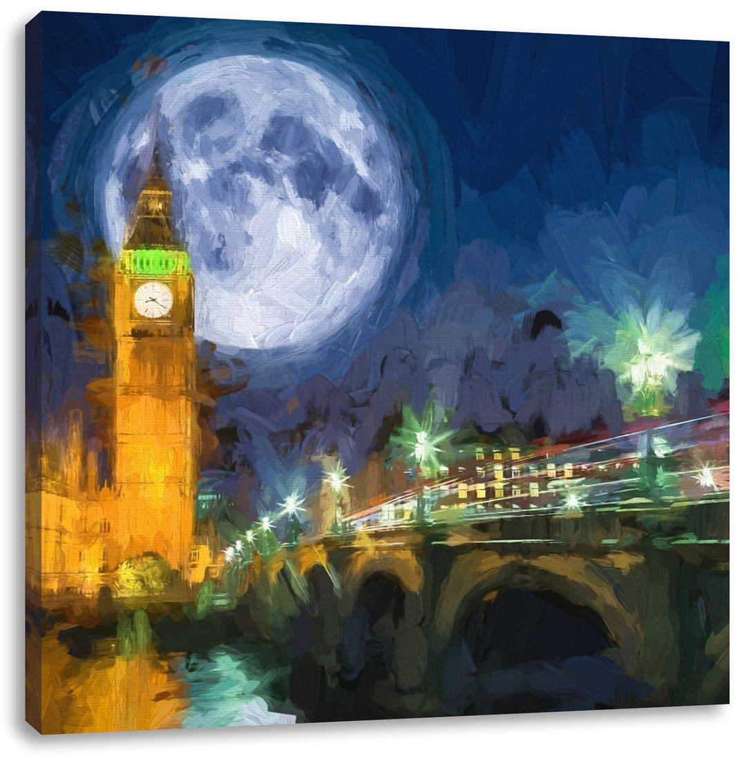 Pixxprint Big Ben vor dem Mond in London, Format: 70x70 auf Leinwand, 70x70