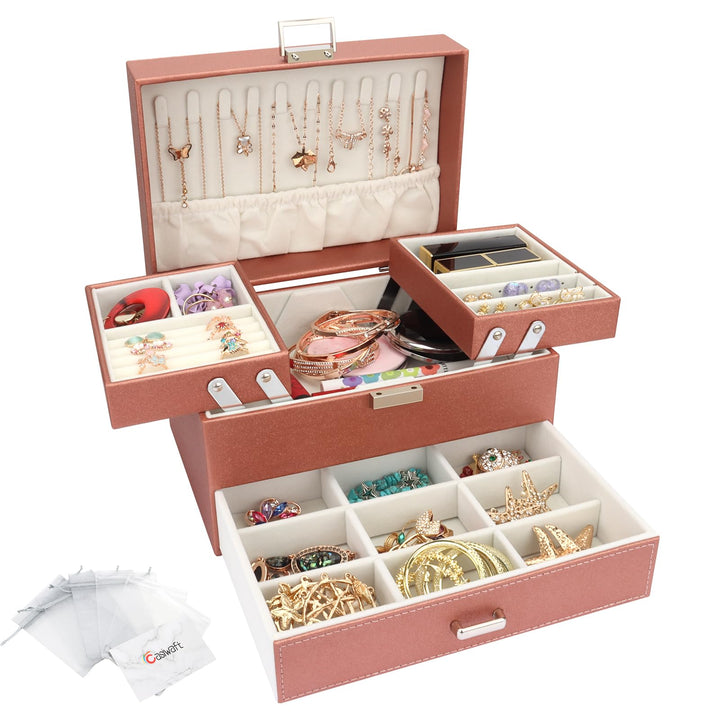 Schmuckkasten, Schmuckkästchen mit Schubladen für Damen Mädchen, PU-Leder Jewelry Box Schmuckbox Sch