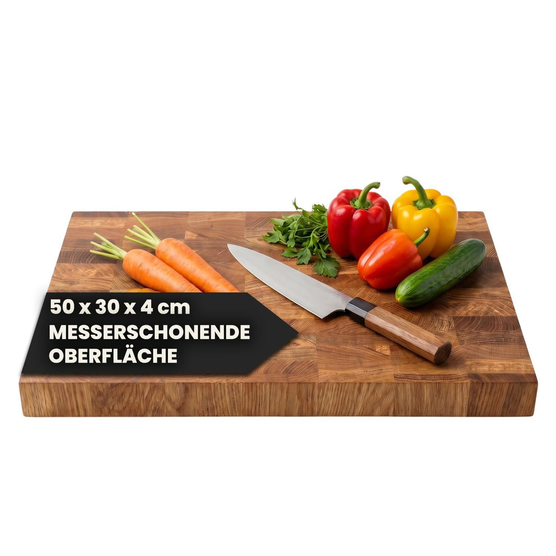 Premium Stirnholz Schneidebrett Eiche 50 x 30 x 4 cm schont die Messerklingen und sorgt für maximale