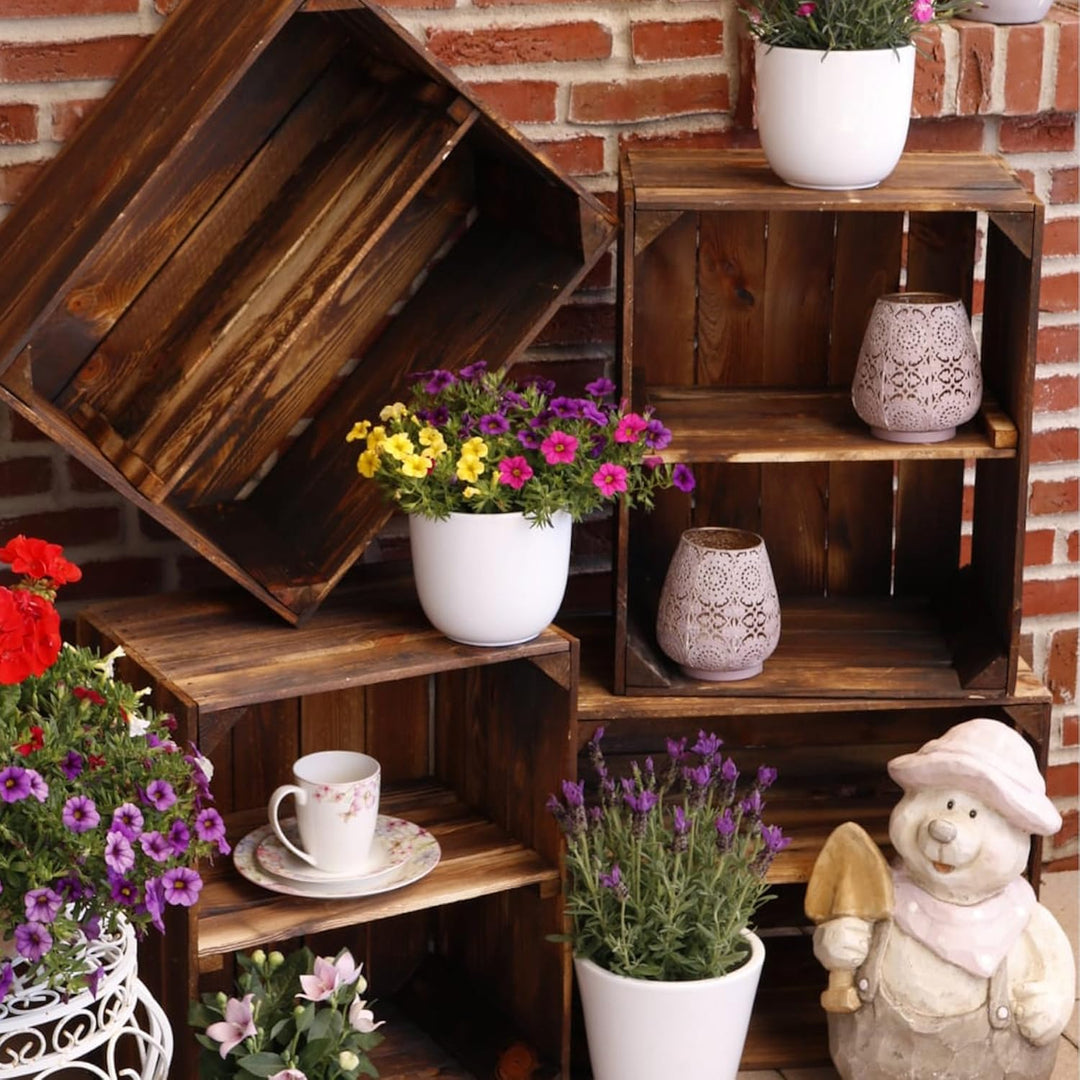 3 Set Holzkiste im Vintage Look geflammt dunkel 38x28x15cm - Obstkiste 38x28x15cm Dunkel Geflammt 3,