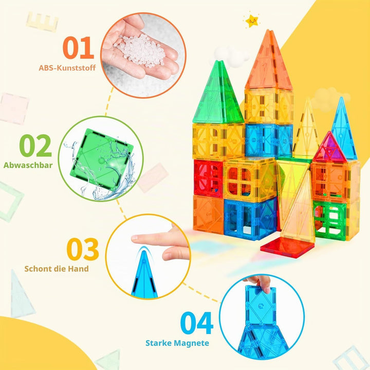 Katiago Magnetische Bausteine, 100PCS Magnetbausteine Set mit 2 Autos STEM Montessori Magnet Spielze