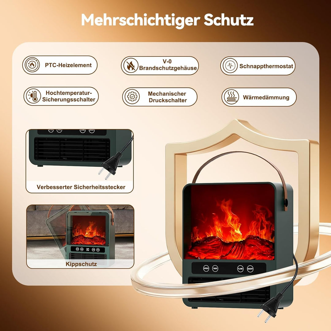 Keramik Heizlüfter Energiesparend, Kamin-Optik – 3D-Flammeneffekt, 1500W Heizung Elektrisch, 3 Stufe