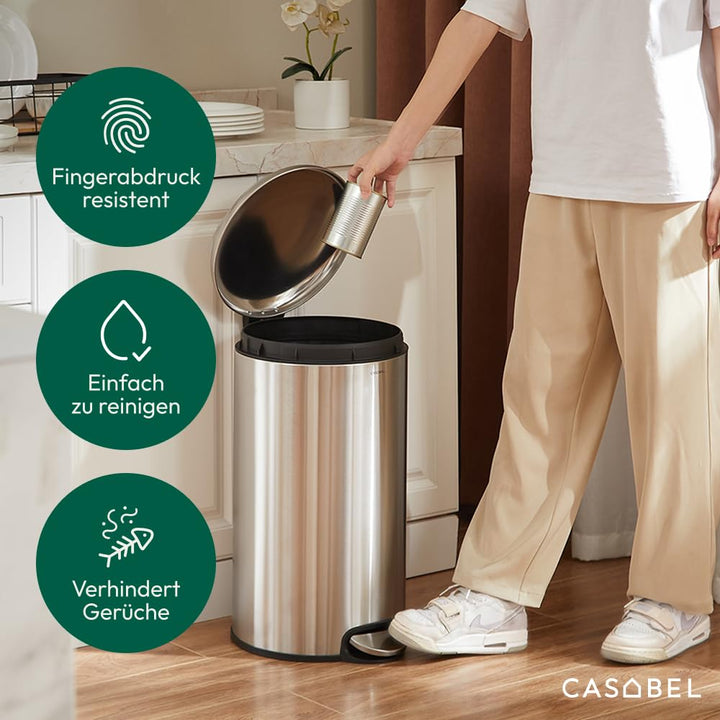 CASABEL Mülleimer Küche 30L - 100% Edelstahl, Resistent gegen Fingerabdrücke, Runder Treteimer mit F