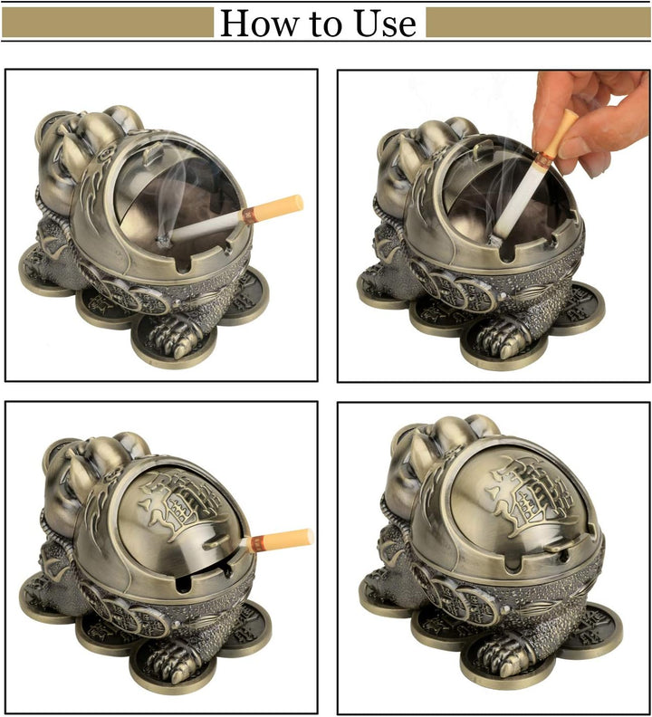 Winddichter Aschenbecher mit Kröten/Frosch-Motiv, Vintage-Stil, für Zigaretten mit Deckel, Metall, t