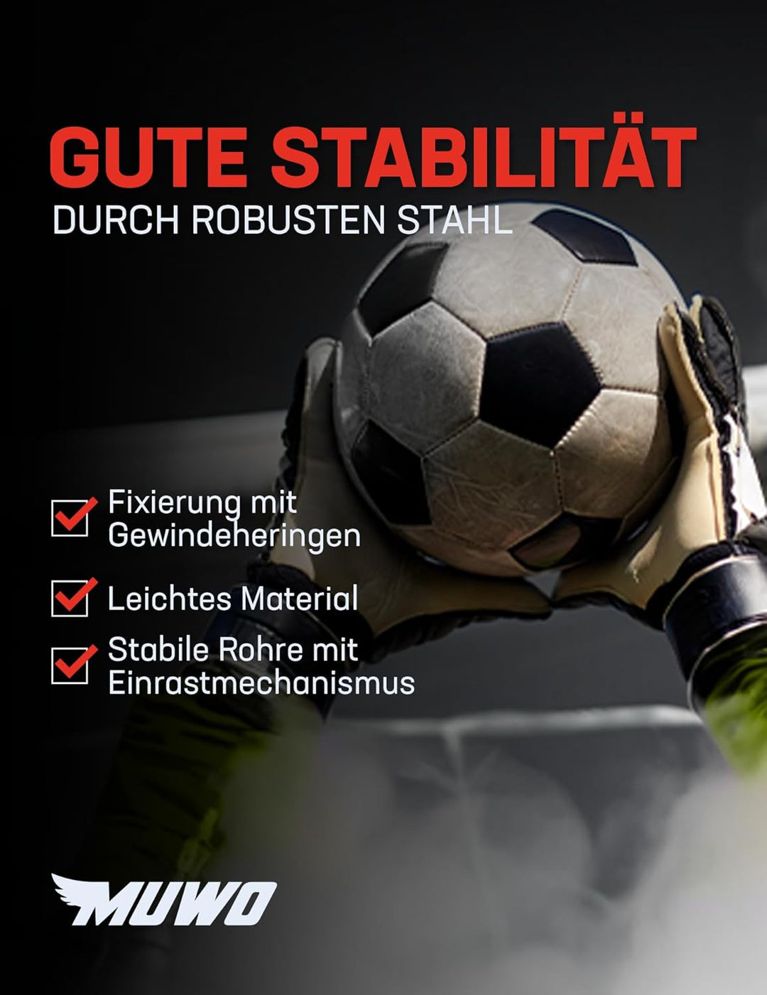 MUWO grosses Fussballtor aus robustem Stahl, mit Textilmantel und Netz. 3 x 2 Meter gross, einfacher