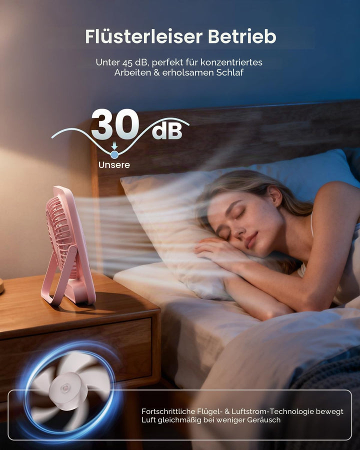 Otlonpe Tischventilator Leise, 4000mAh Akku Tisch Ventilator Tragbar, 23H Laufzeit Tischventilatoren
