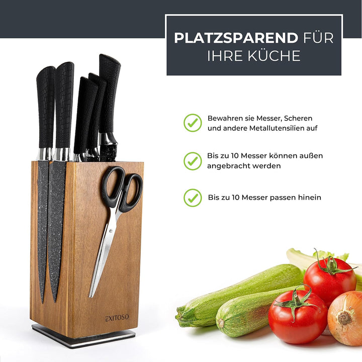 Exitoso NEU Messerblock aus Akazie, 360-Grad-Drehbar mit aussen Magneten & herausnehmbaren Borstenei