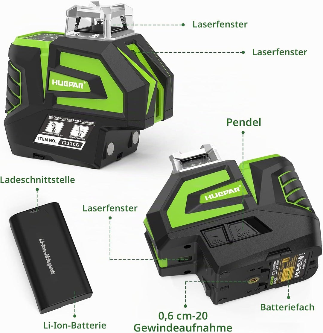 Huepar Selbstnivellierender Grüner Lasernivellier Kreuzlinien mit 2 Lotpunkten Laserwerkzeug - 360 °
