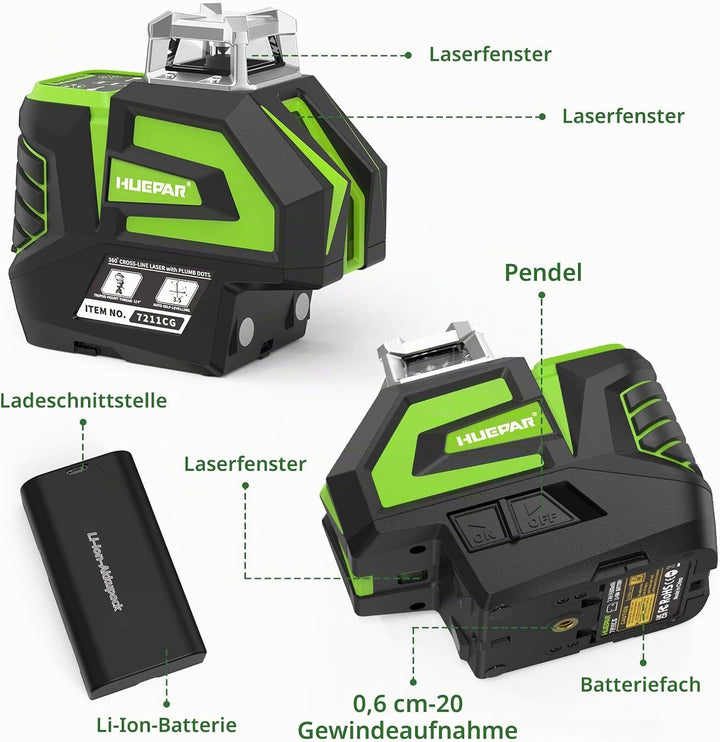 Huepar Selbstnivellierender Grüner Lasernivellier Kreuzlinien mit 2 Lotpunkten Laserwerkzeug - 360 °