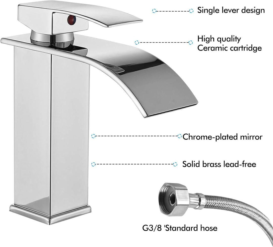 Touch-On Wasserhahn Bad Silber - Wasserfall Waschtischarmatur mit Einhebelmischer | 60cm Edelstahlsc