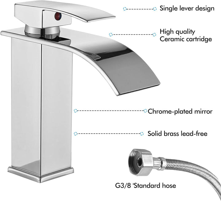 Touch-On Wasserhahn Bad Silber - Wasserfall Waschtischarmatur mit Einhebelmischer | 60cm Edelstahlsc