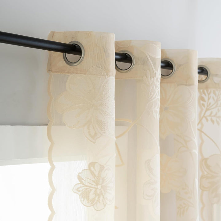 Treatmentex Spitze Vorhang Jacquard Gardinen mit Ösen Schwarze 3D Blumenmuster Halbtransparente Vorh