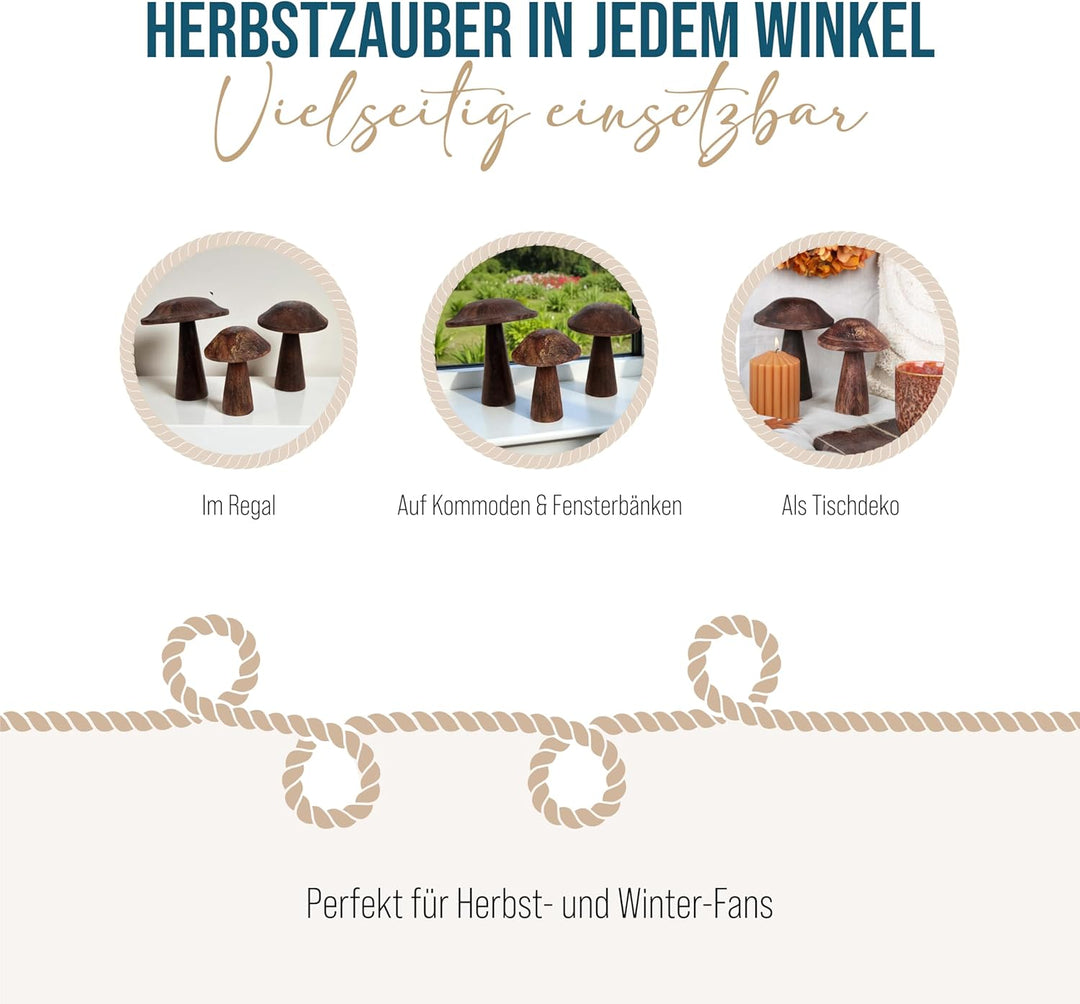 Holz-Pilze, 3 Stück: Herbstdeko Figuren, Tischdeko Pilz, Kleine Dekofiguren Herbst, Dekoration Tisch