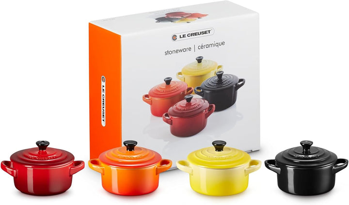 Le Creuset 4er-Set Mini Cocottes aus Steinzeug, je 200 ml, 10 x 5 cm, Feuer und Flamme (Gelb/Kirschr