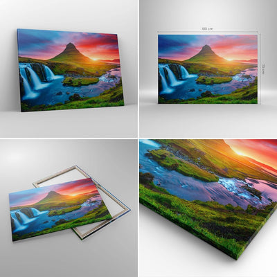 Bilder auf Leinwand 100x70cm Leinwandbild Sonnenuntergang Wasserfall Island Vulkan Gross Wanddeko Bi