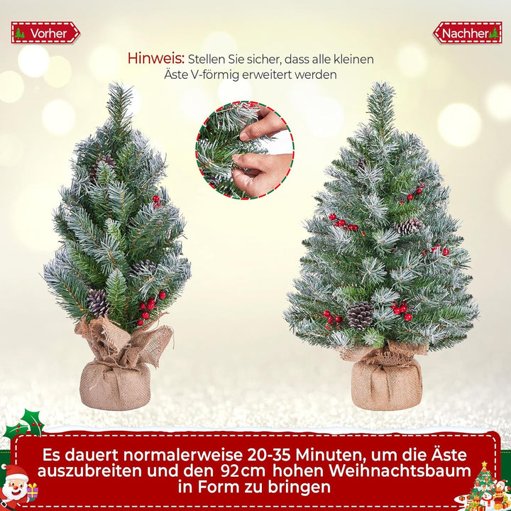 Yaheetech 2 Stück 98 cm Mini Künstlicher Weihnachtsbaum mit Schnee inkl. 50 Warmweiss LED & 70 Roten