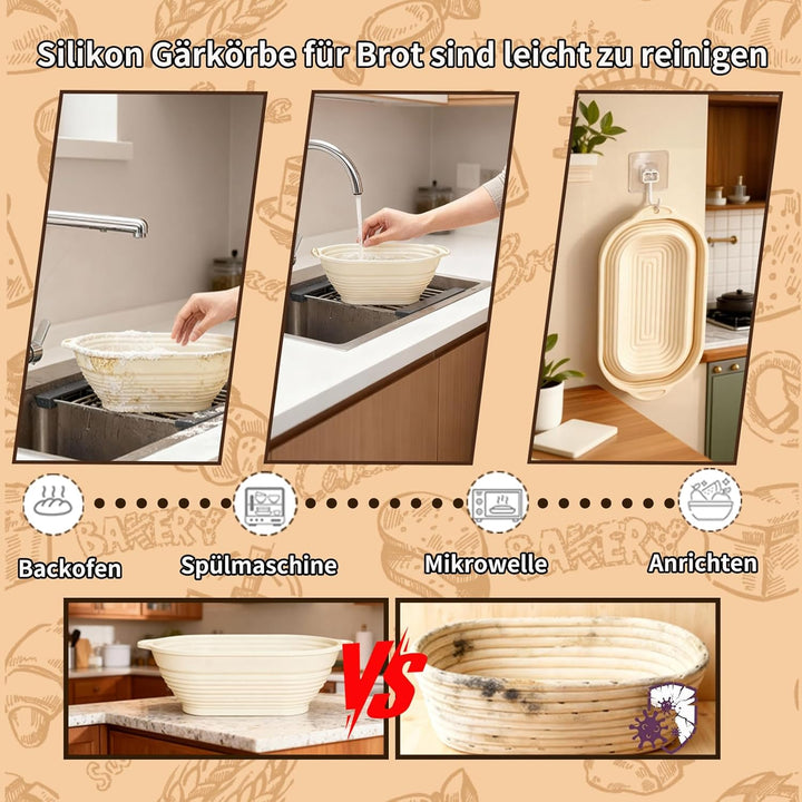 Daity Sauerteig Starter Set, 11-teilig Brot Backen Zubehör,28cm Klappbare Brot Gärkorb Oval,Handgeba