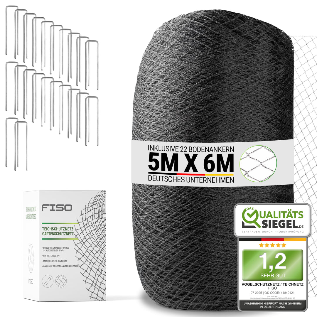 FISO® Teichnetz - 5x6m I Vogelschutznetz engmaschig, robust, witterungs- & UV-beständig I Schwarzes